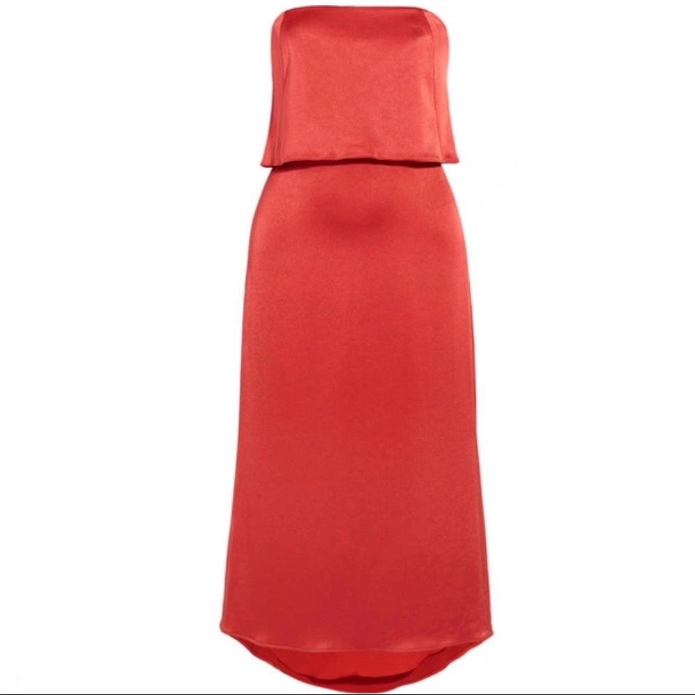 HALSTON HERITAGE STRAPLESS POPOVER SATIN MIDI DRESS - Picture 8 of 9